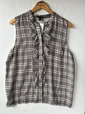 Ann Taylor Sleeveless Ruffle-Front Plaid Blouse size L  NWT